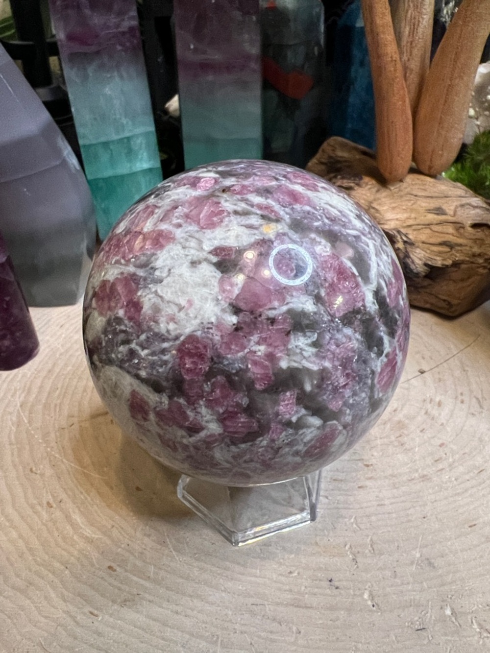 Pink tourmaline and smoky quartz sphere